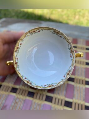Limoges White Porcelain Double-Handled Cup/ Soup BowlW/Gold Trim &Floral Garland